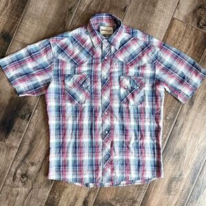 Wrangler Rustler VTG Western Plaid Pearl Snap Short Sleeve Shirt, Red Blue,M